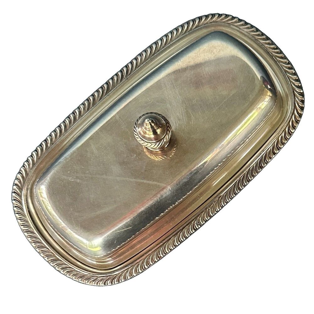 Vintage Oneida Fiesta Silverplate Covered Butter Dish Glass Insert USA Rope Edge